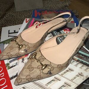 Gucci Beige Monogram Slingback Flats